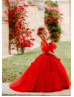 Sweetheart Neck Beaded Red Floral Flower Girl Dress With Removable Sleeves